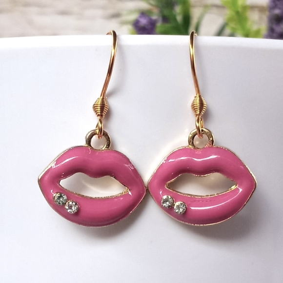 Pink Glam Lips Dangle Hook Earrings with Jewels - Picture 1 of 3